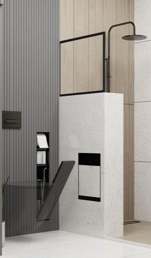 Latent Pier ve Oculto ürünleriyle düzenlenmiş gri ve ahşap tonlarında banyo