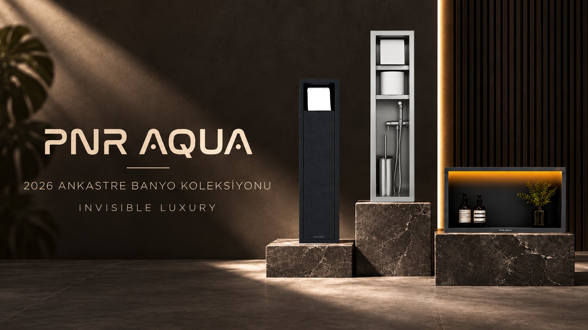 PNR AQUA — 2026 ankastre banyo koleksiyonu, Invisible Luxury. Taş kaideler üzerinde ankastre kâğıt dolapları ve LED aydınlatmalı niş.