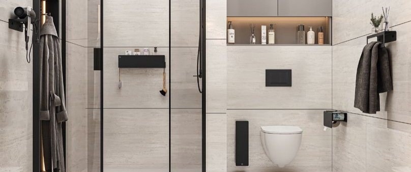 Noble serisi siyah raf, havluluk, kâğıtlık ve askıların kullanıldığı açık tonlu banyo